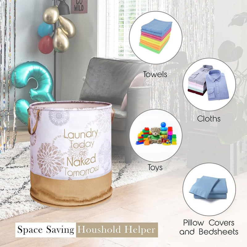 Kuber Industries Laundry Basket | Non-Woven Round Laundry Basket | Foldable Laundry Bag with Handle | Toy Storage Basket | Gola-Print | 45 LTR | Pack of 2 | White - Image 4