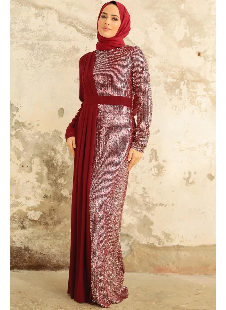 Neva Style Hijab Evening Dress - Sequined Burgundy Hijab Evening Dress 25851BR