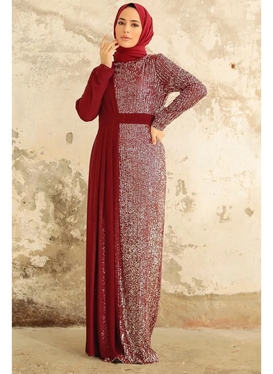 Neva Style Hijab Evening Dress - Sequined Burgundy Hijab Evening Dress 25851BR