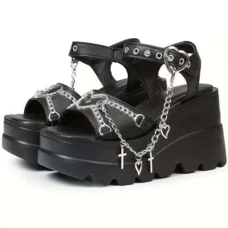2026 Summer and Plus Size Lolita Women''s Shoes with Metal Chain Heart Harajuku Ins Style Platform Wedge Sandals - Image 1
