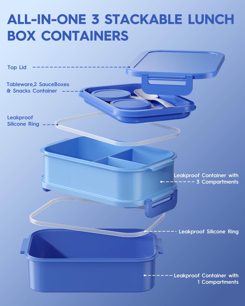 KEMETHY Adults Bento Lunch Box Set with Thermo Bag, 74oz Stackable Leak-proof 3-tiers Bento Box, Built-in Utensil and Sauce Container for Work, School, Dining Out (Blue) - Image 4