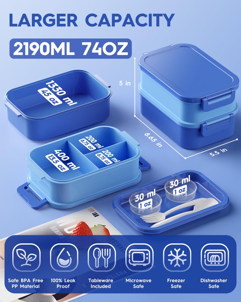 KEMETHY Adults Bento Lunch Box Set with Thermo Bag, 74oz Stackable Leak-proof 3-tiers Bento Box, Built-in Utensil and Sauce Container for Work, School, Dining Out (Blue) - Image 3