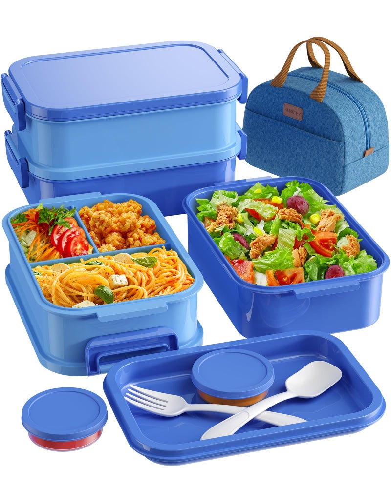 KEMETHY Adults Bento Lunch Box Set with Thermo Bag, 74oz Stackable Leak-proof 3-tiers Bento Box, Built-in Utensil and Sauce Container for Work, School, Dining Out (Blue) - Image 1