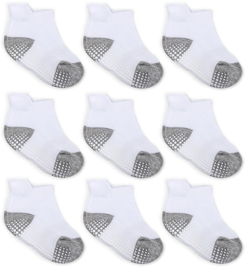 Zaples Baby Non Slip Grip Ankle Socks with Non Skid Soles for Infants Toddlers Kids Boys Girls, White Block - 9 Pairs, 12-3T