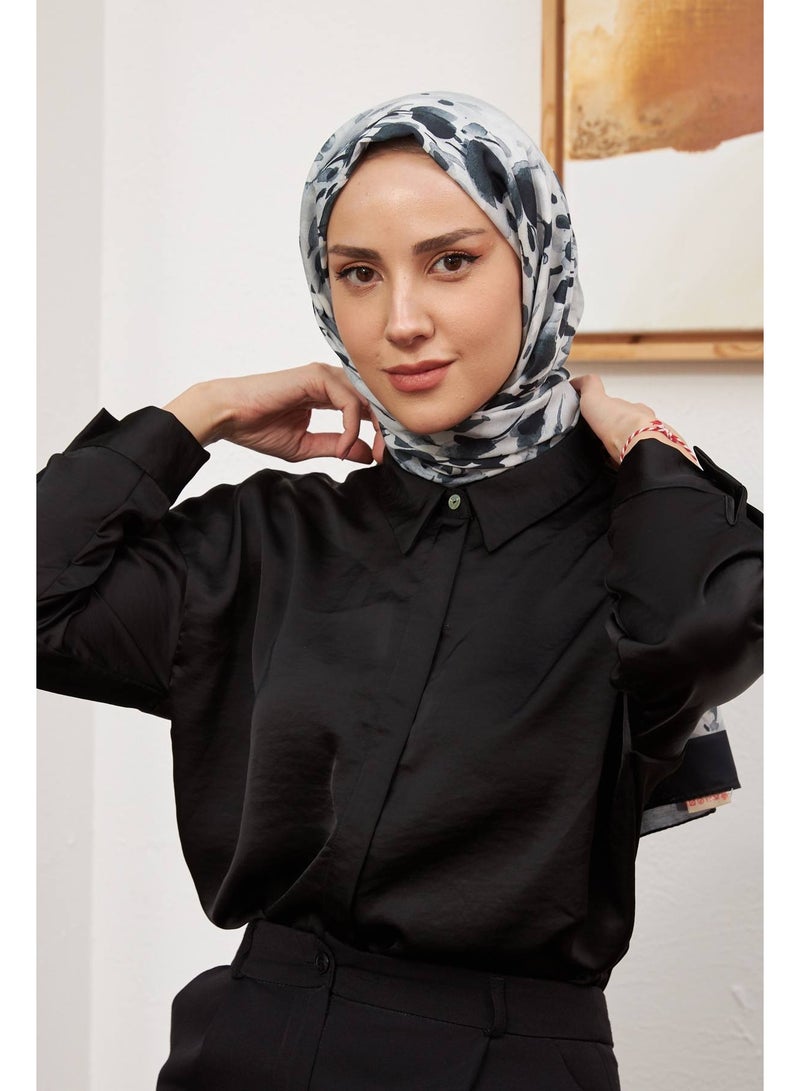 Black & White Cotton Viscose Women Shawl – Soft Non-Transparent Hijab – Botanical Collection 3023-13 - Image 5