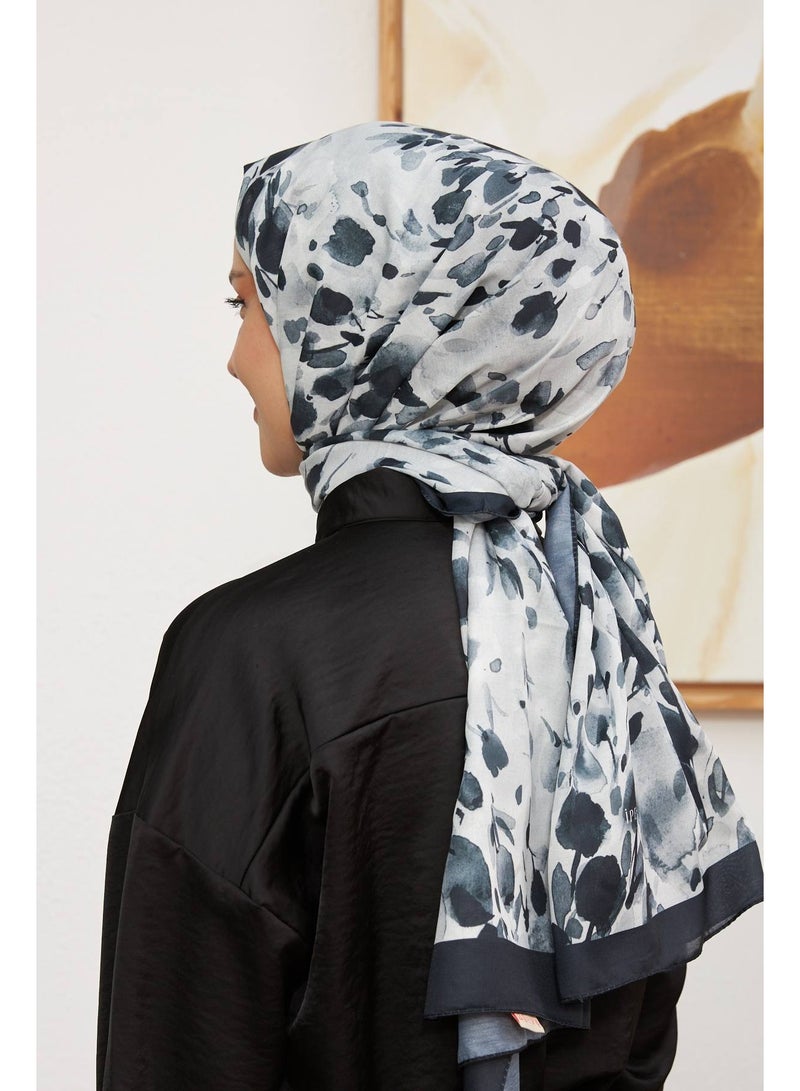 Black & White Cotton Viscose Women Shawl – Soft Non-Transparent Hijab – Botanical Collection 3023-13 - Image 2