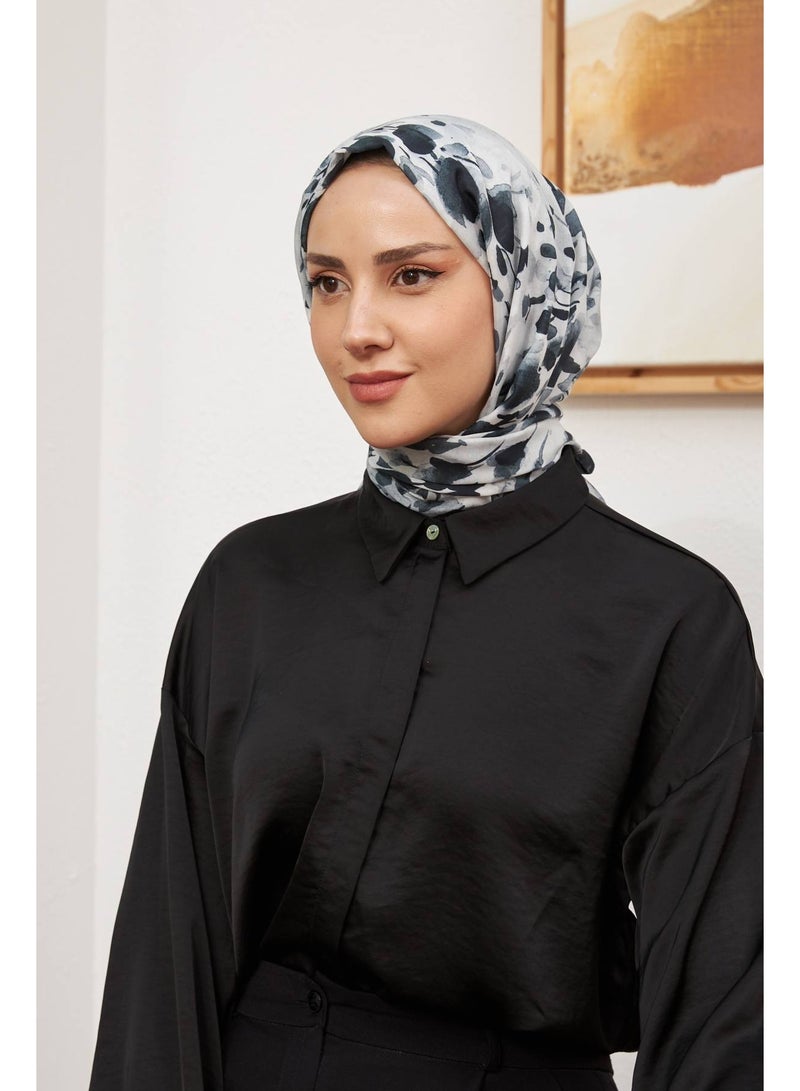Black & White Cotton Viscose Women Shawl – Soft Non-Transparent Hijab – Botanical Collection 3023-13 - Image 1