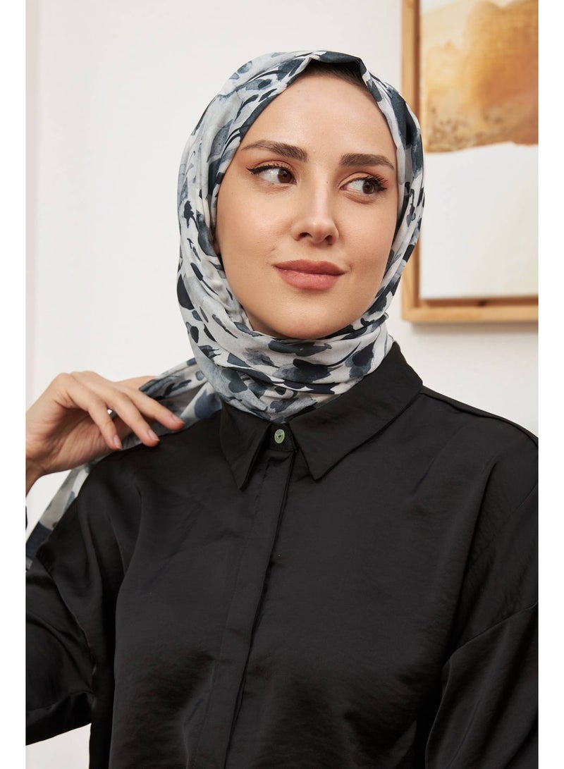 Black & White Cotton Viscose Women Shawl – Soft Non-Transparent Hijab – Botanical Collection 3023-13 - Image 3
