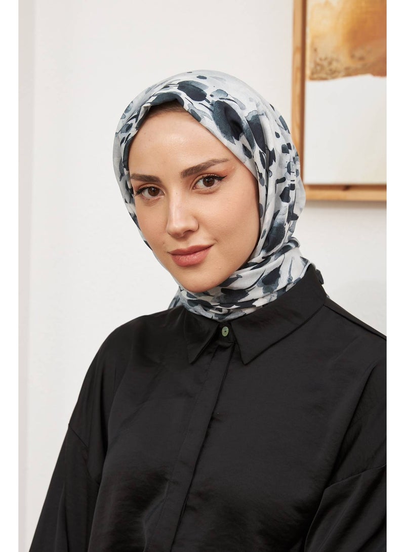 Black & White Cotton Viscose Women Shawl – Soft Non-Transparent Hijab – Botanical Collection 3023-13 - Image 4