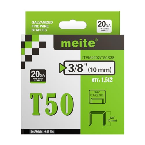 meite Staples for Staple Gun, 3/8 Inch Length Heavy Duty T50 Staples, Galvanized, 20 Gauge 3/8 Inch Crown, Compatible with T50 Staple Gun, Ideal for Upholstery, Construction, Furniture (1,512 Counts) - Image 1