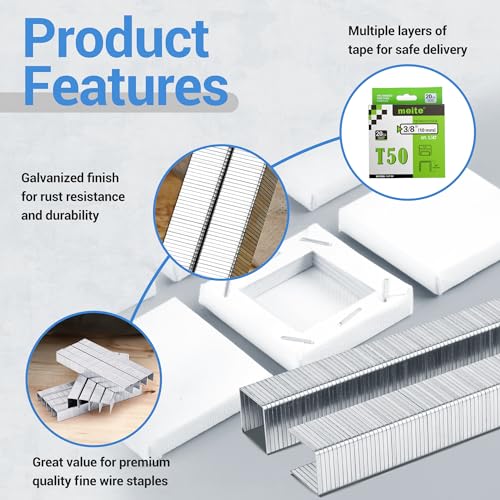 meite Staples for Staple Gun, 3/8 Inch Length Heavy Duty T50 Staples, Galvanized, 20 Gauge 3/8 Inch Crown, Compatible with T50 Staple Gun, Ideal for Upholstery, Construction, Furniture (1,512 Counts) - Image 3