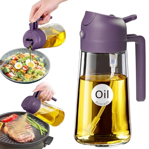 ‎YARRAMATE YARRAMATE 16oz470ml Glass Olive Oil Sprayer for Cooking with Stickers 2 in 1 Oil Dispenser for Kitchen Gadgets Food Grade Premium Spray Bottle with Portion Control for Salad BBQ Purple - Image 1