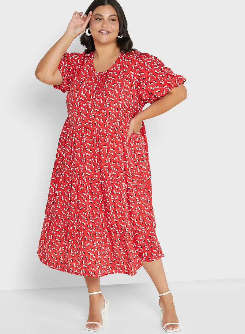 Yours Clothing Puff Sleeve Tiered Dress