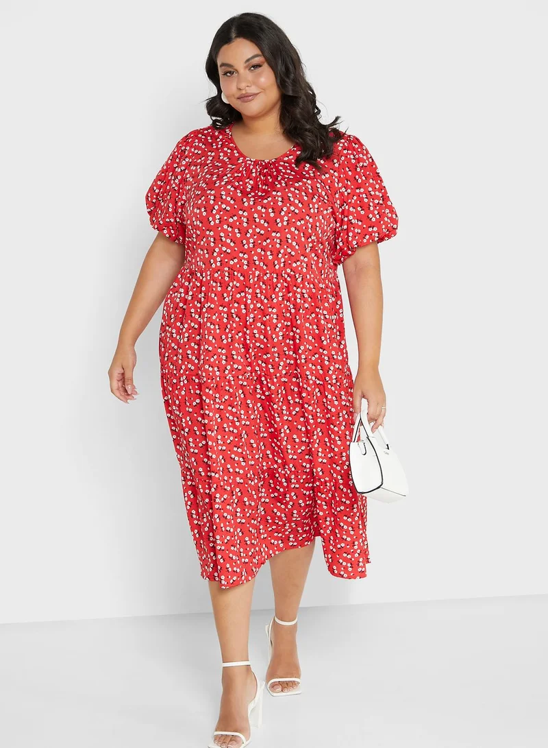 Yours Clothing Puff Sleeve Tiered Dress