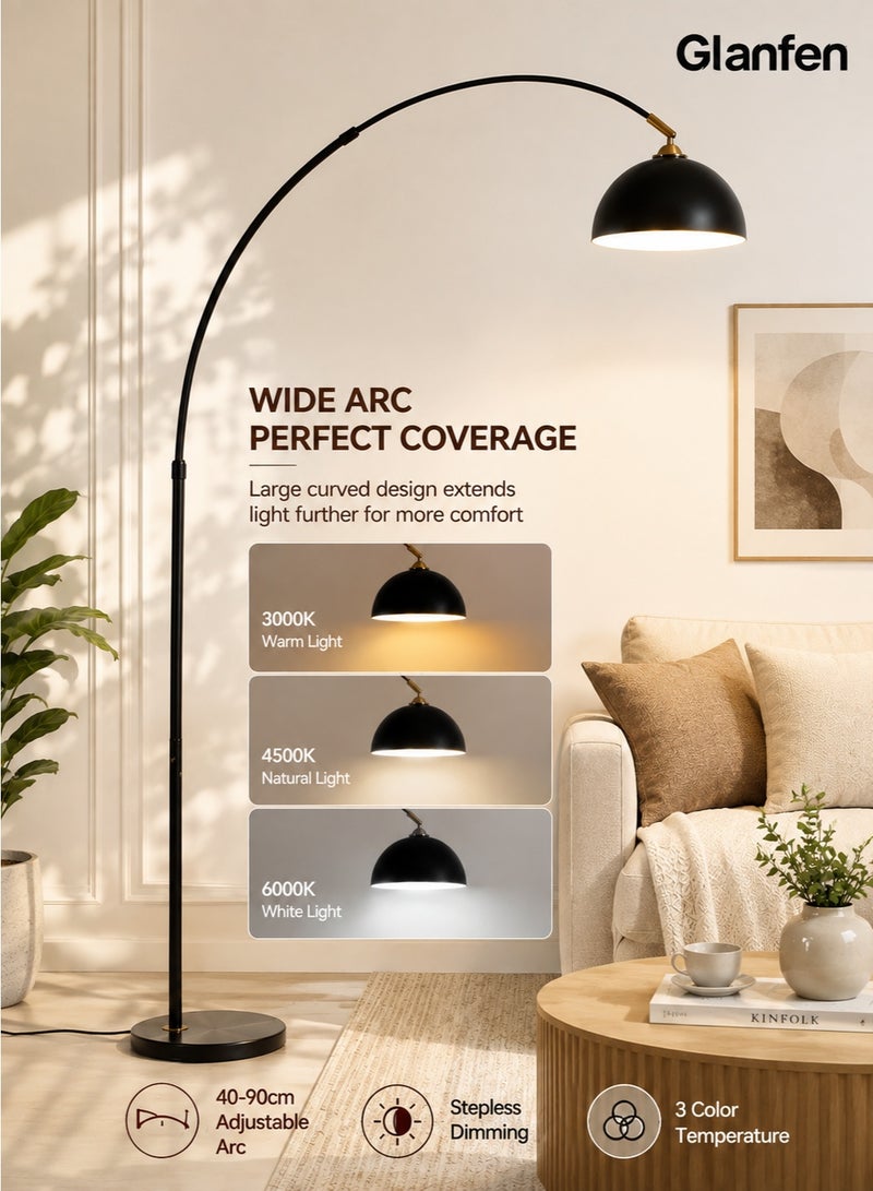 Glanfen Arc Floor Lamp 180cm Adjustable Standing Light with 3 Color Stepless Dimming and Marble Base Standing Light for Living Room Bedroom & Study Black - Image 1