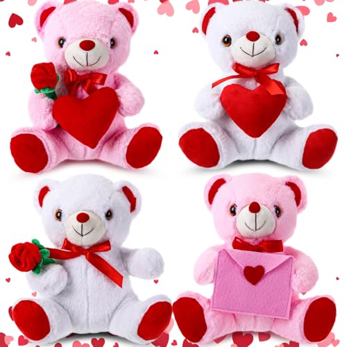 JellyArch 4 Pcs 118 Valentines Bear Stuffed Animals Cute Plush Bear Gifts for Girlfriend Holding Rose and Heart Plush Soft for Mother Wedding Anniversary Birthday - Image 1