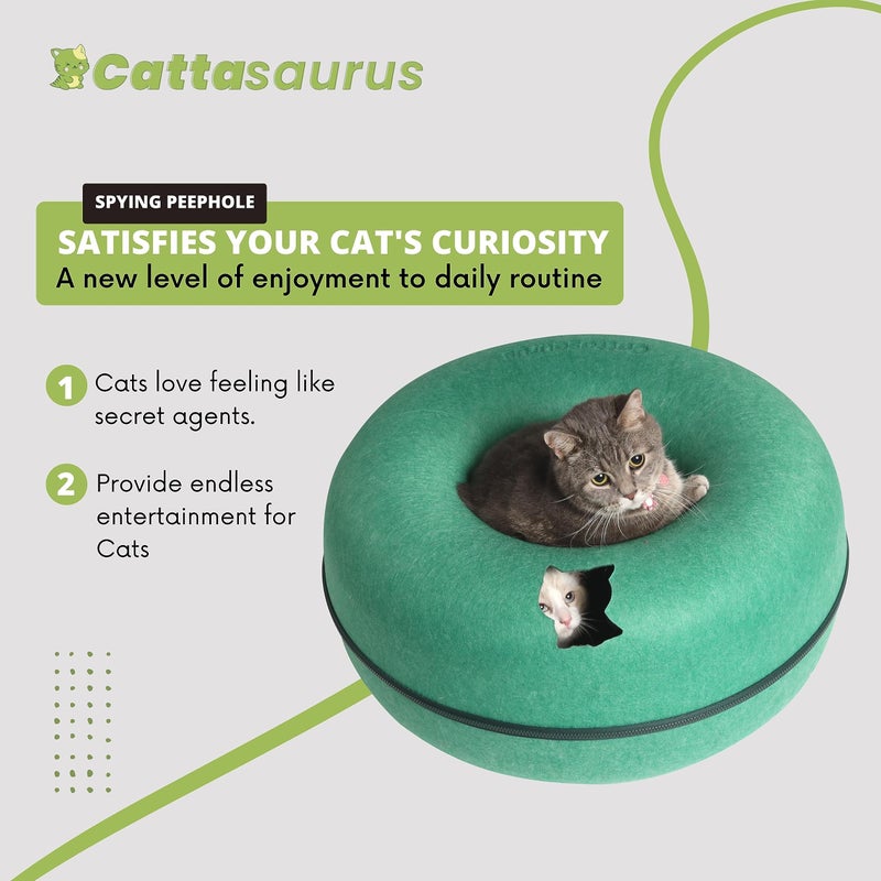 Cattasaurus كهف القطط كاتاسوروس بيكابو على شكل دونات للقطط الكبيرة والمتعددة حتى 30-45 رطل، سرير قطط دافئ ذاتي 3 في 1، نفق وخدش للقطط الداخلية، سرير قابل للغسل والفصل (أخضر غامق، كبير) - Image 4