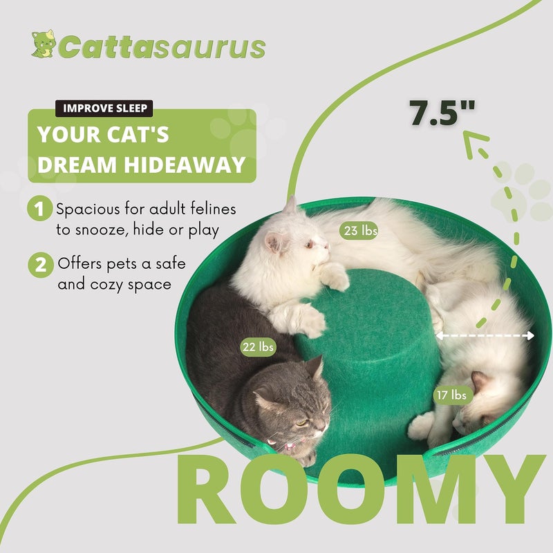 Cattasaurus كهف القطط كاتاسوروس بيكابو على شكل دونات للقطط الكبيرة والمتعددة حتى 30-45 رطل، سرير قطط دافئ ذاتي 3 في 1، نفق وخدش للقطط الداخلية، سرير قابل للغسل والفصل (أخضر غامق، كبير) - Image 5