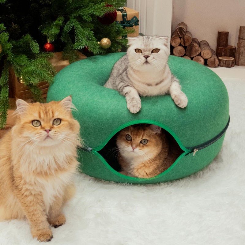 Cattasaurus كهف القطط كاتاسوروس بيكابو على شكل دونات للقطط الكبيرة والمتعددة حتى 30-45 رطل، سرير قطط دافئ ذاتي 3 في 1، نفق وخدش للقطط الداخلية، سرير قابل للغسل والفصل (أخضر غامق، كبير) - Image 3