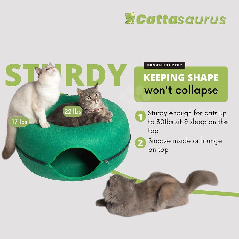 Cattasaurus كهف القطط كاتاسوروس بيكابو على شكل دونات للقطط الكبيرة والمتعددة حتى 30-45 رطل، سرير قطط دافئ ذاتي 3 في 1، نفق وخدش للقطط الداخلية، سرير قابل للغسل والفصل (أخضر غامق، كبير) - Image 2