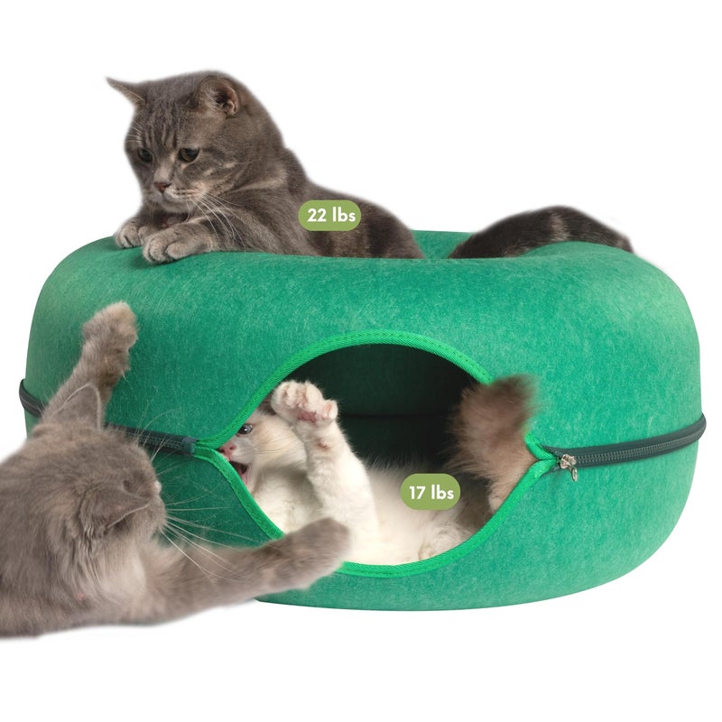 Cattasaurus كهف القطط كاتاسوروس بيكابو على شكل دونات للقطط الكبيرة والمتعددة حتى 30-45 رطل، سرير قطط دافئ ذاتي 3 في 1، نفق وخدش للقطط الداخلية، سرير قابل للغسل والفصل (أخضر غامق، كبير) - Image 1