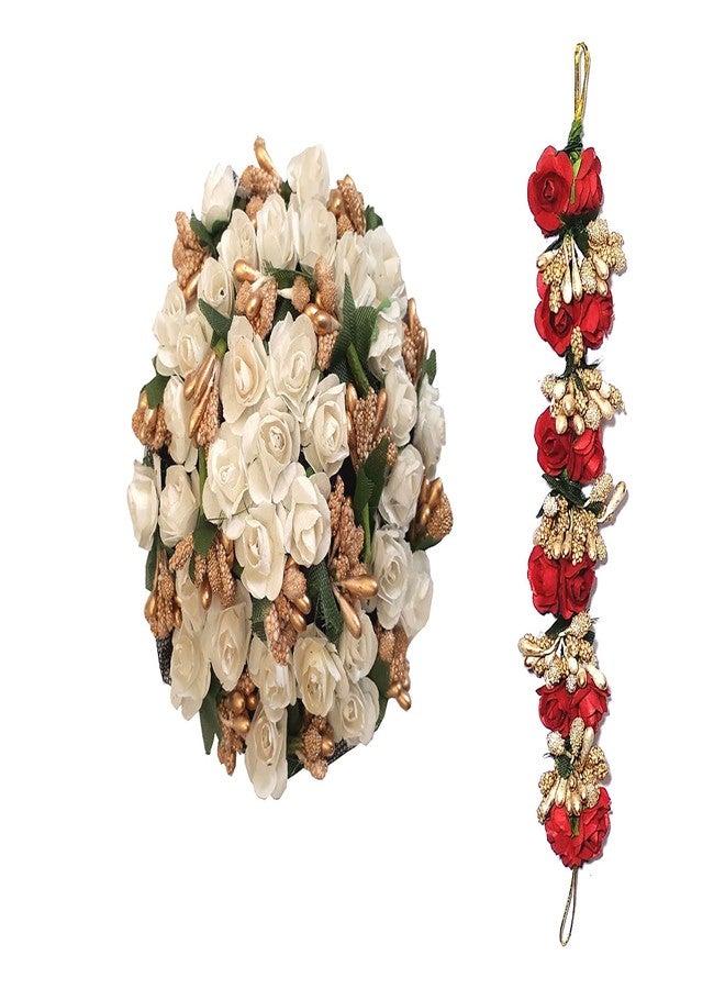 AROOMAN Full Red Juda Bun Hair Flower Gajra and Red & White gajra Combo for Wedding and Party - Image 1