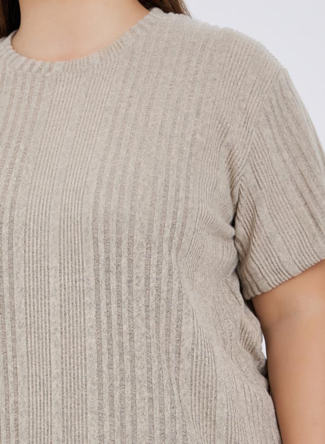 Styli Plus Size Beige Rib Knit T-Shirt and Pyjama Set - Image 4