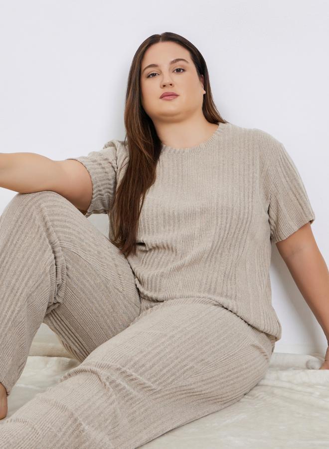 Styli Plus Size Beige Rib Knit T-Shirt and Pyjama Set - Image 1
