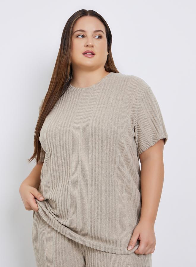 Styli Plus Size Beige Rib Knit T-Shirt and Pyjama Set - Image 3