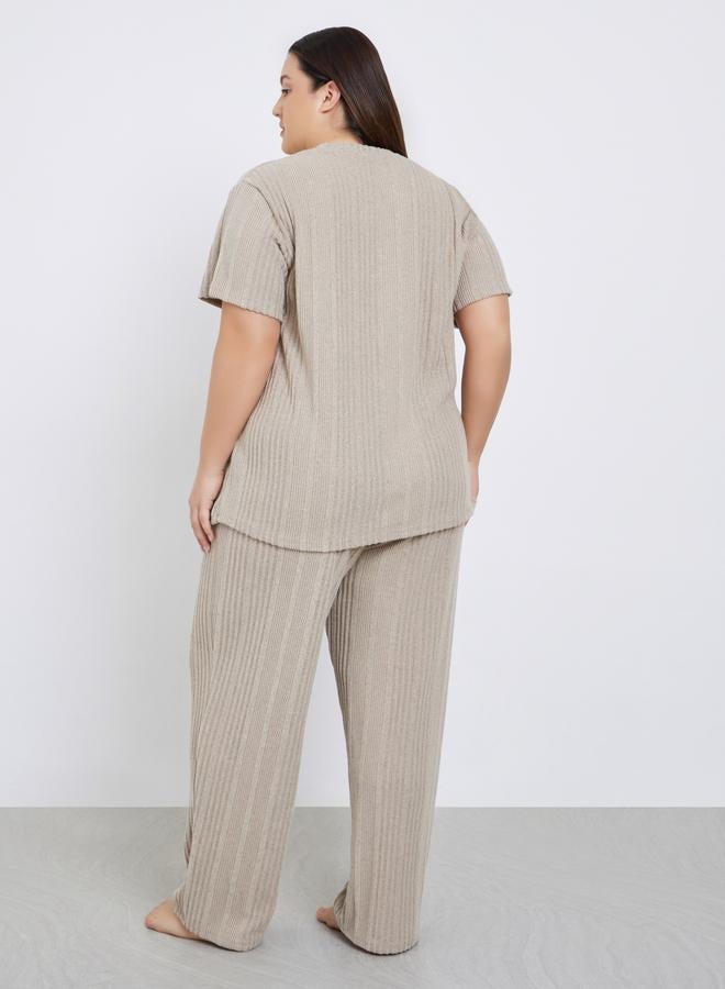 Styli Plus Size Beige Rib Knit T-Shirt and Pyjama Set - Image 5