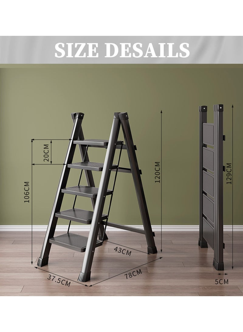 Acotsun 5 Step Folding Heavy Duty Step Ladder,Acotsun Folding Ladder for Home Use,250kg Load,5 Iron Steps,Black, Iron & Plastic, 1.21M Tall, Anti-Slip, Multi-Position,for Kitchen, Office, Library, Warehouse - Image 2