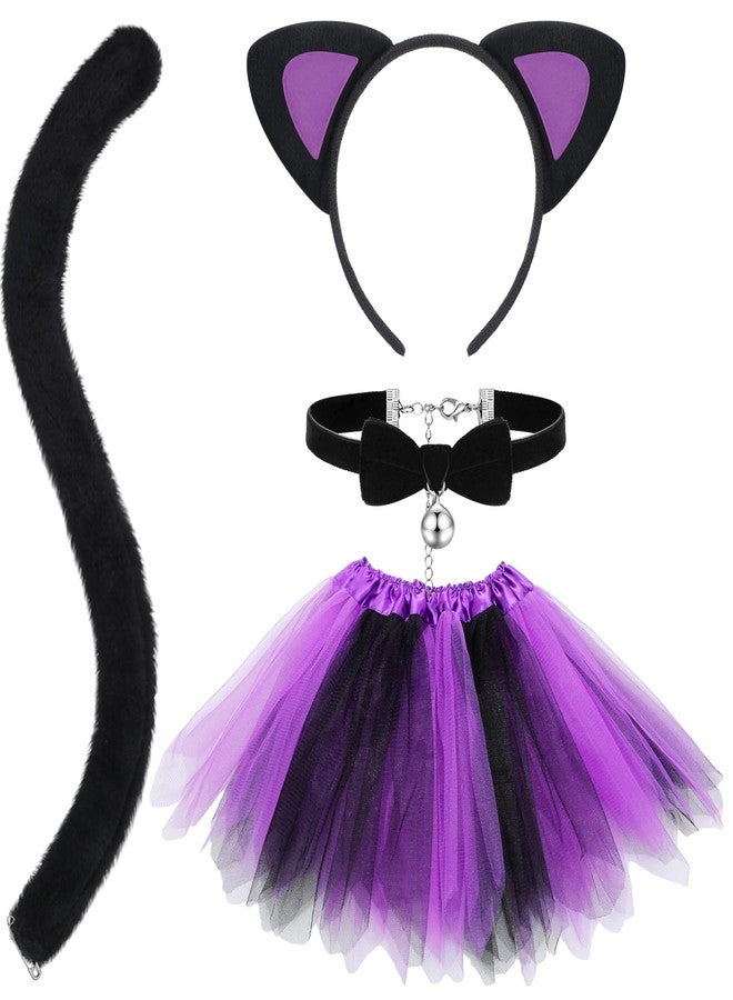 Hotop 4 Pcs Halloween Girls Cat Costume Set Cat Ears Headband Tail Bow Tie Tutu Skirt for Kitty Halloween Dress up Party (Purple) - Image 1