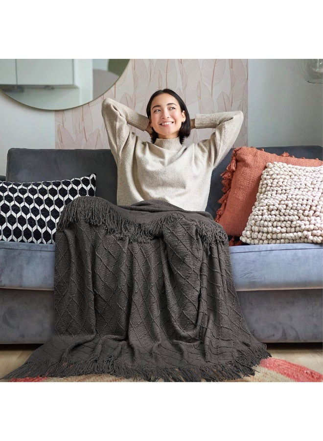 PAVILIA PAVILIA Dark Gray Knit Throw Blanket for Couch  Soft Knitted Boho Farmhouse Home Decor Woven Throw  Cozy Decorative Afghan Bed Sofa  Outdoor Summer Fall Gift Lightweight  Charcoal Dark Grey  50x60  - Image 5