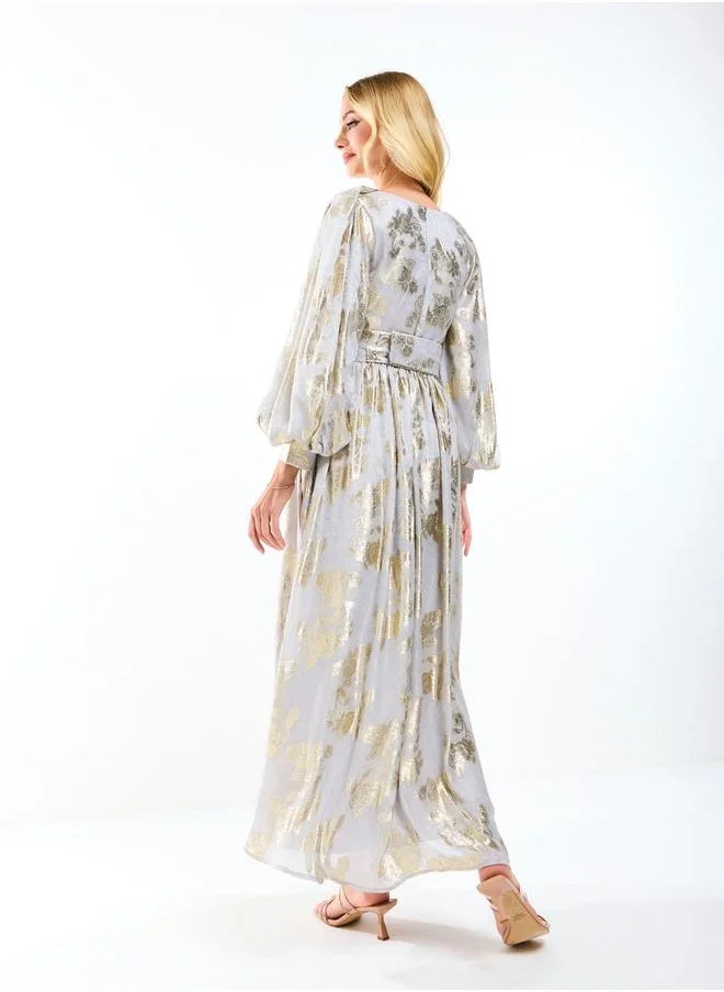 هاوس اوف مودا Metallic Foil Floral Print Balloon Sleeves Maxi Dress by Styli