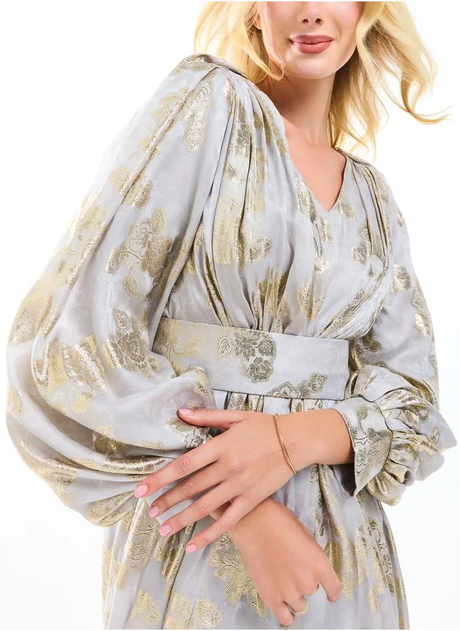 House of Moda Metallic Foil Floral Print Balloon Sleeves Maxi Dress