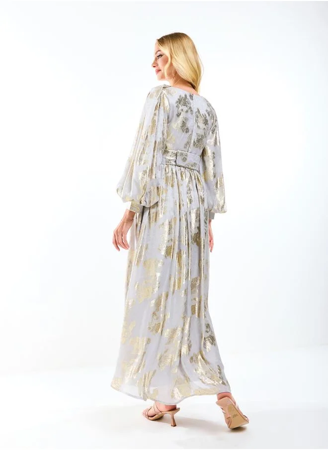 House of Moda Metallic Foil Floral Print Balloon Sleeves Maxi Dress