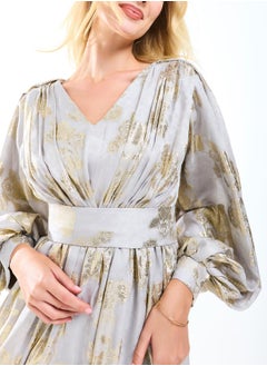 House of Moda Metallic Foil Floral Print Balloon Sleeves Maxi Dress by Styli  - Image 3