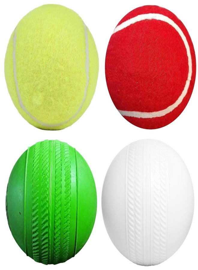 Rai & Gen Practice Ball Combo (Pack of 4) 2 Tennis Diffrent Colour 1 Rubber 1 Plastic Under 50 Gram for Gully & Kids Practice (4, 2 Tennis 1 Rubber 1 Plastic Cricket Ball) - Image 1