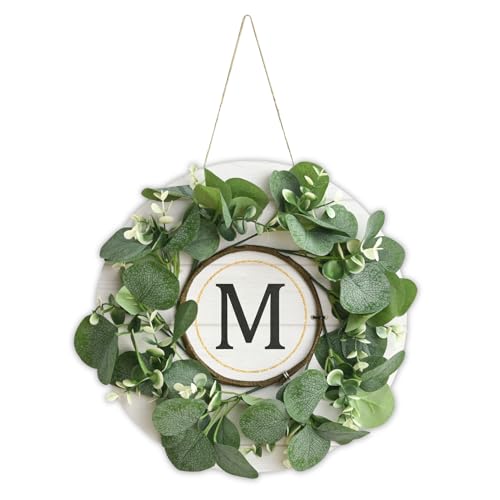 Sm:)e Smile Monogram M Eucalyptus Wreath for Front Door Artificial Greenery Welcome Wreath with Letter Initial Porch Decor Spring Summer Fall Winter Hanging Wall Art for Home Entryway - Image 1