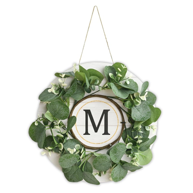 Sm:)e Smile Monogram M Eucalyptus Wreath for Front Door Artificial Greenery Welcome Wreath with Letter Initial Porch Decor Spring Summer Fall Winter Hanging Wall Art for Home Entryway - Image 2