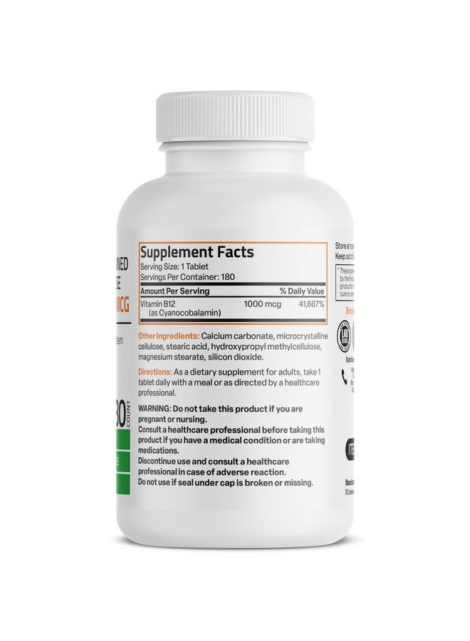 Bronson Vitamin B12 1000 mcg Sustained Release Premium Non GMO Tablets Supports Nervous System, Healthy Brain Function and Energy Production, 180 Tablets - Image 2