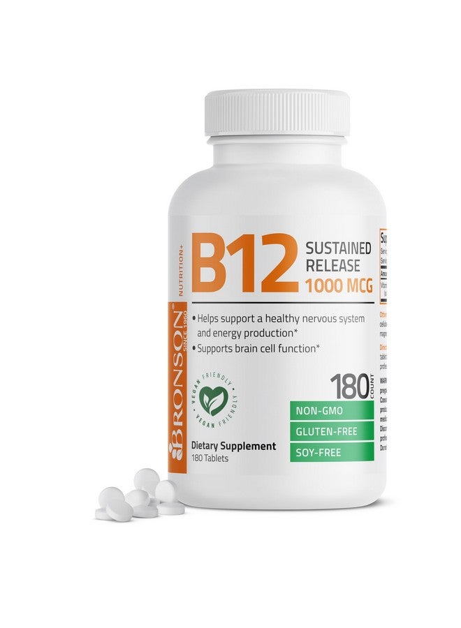 Bronson Vitamin B12 1000 mcg Sustained Release Premium Non GMO Tablets Supports Nervous System, Healthy Brain Function and Energy Production, 180 Tablets - Image 1