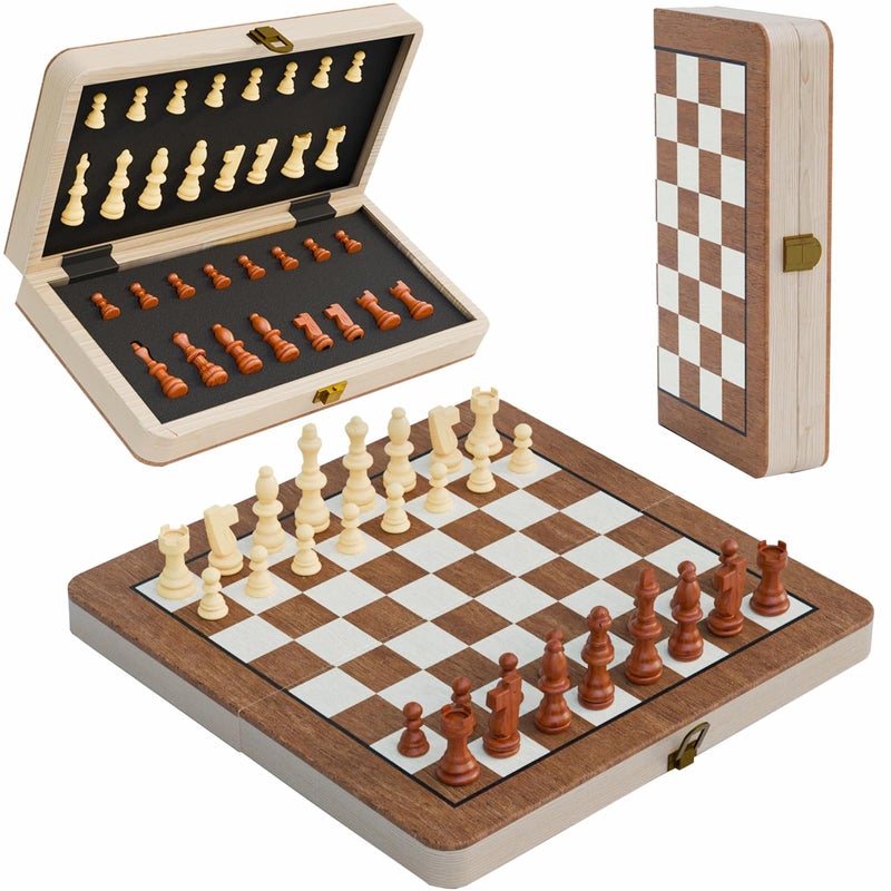 KONEX Wooden Magnetic Chess Board Game Set for Kids & Adults | Compact & Foldable Board with Inbuilt Storage & Anti Scratch Surface | Ideal Indoor & Travel Friendly Game (11.5 x 11.5 Inch, Brown) - Image 1