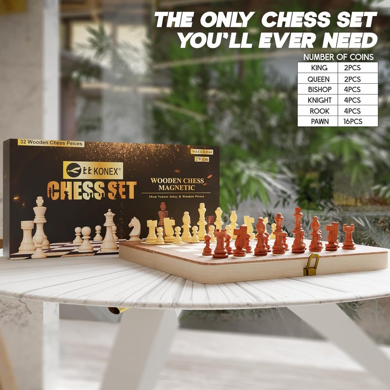 KONEX Wooden Magnetic Chess Board Game Set for Kids & Adults | Compact & Foldable Board with Inbuilt Storage & Anti Scratch Surface | Ideal Indoor & Travel Friendly Game (11.5 x 11.5 Inch, Brown) - Image 5