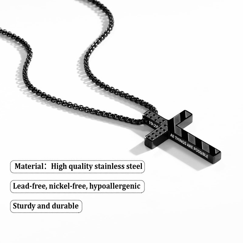 Lydow Cross Necklace for Men Boys Black American Flag Bible Verse Stainless Steel Pendant Religious Christian Jewelry Gifts Teen Son Him 8-12 Confirmation First Communion Baptism Catholic 19:26 - Image 2