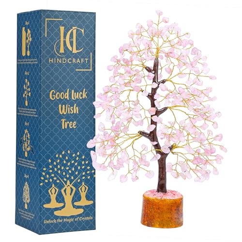 HindCraft Rose Quartz Crystal Tree Home Decor Showpieces for Good Luck Money Crystal Tree Gift Items Office Bedroom Decor Wedding Gift, Golden Wire, 10-12 inch - Image 1