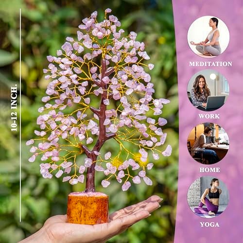 HindCraft Rose Quartz Crystal Tree Home Decor Showpieces for Good Luck Money Crystal Tree Gift Items Office Bedroom Decor Wedding Gift, Golden Wire, 10-12 inch - Image 2