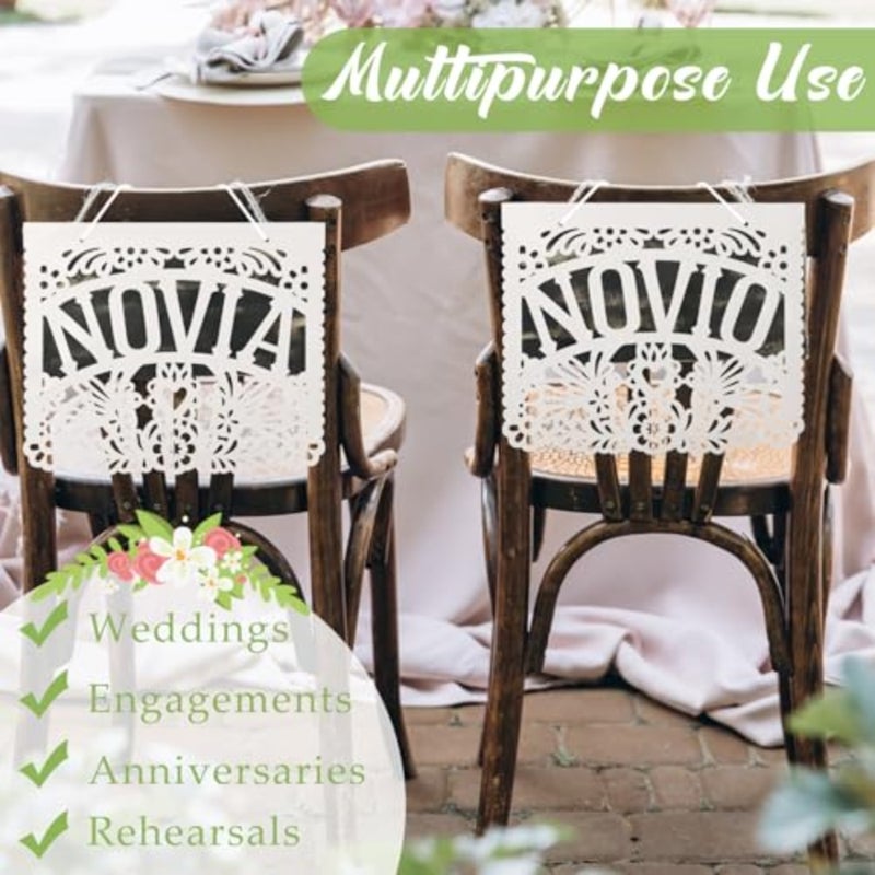 Novio and Novia Mr and Mrs Wedding Chair Signs tions 13 x 11 Inch Mexican Papel Picado Seating Signs Bride and Groom Chair Banners for Wedding Decor - Image 4