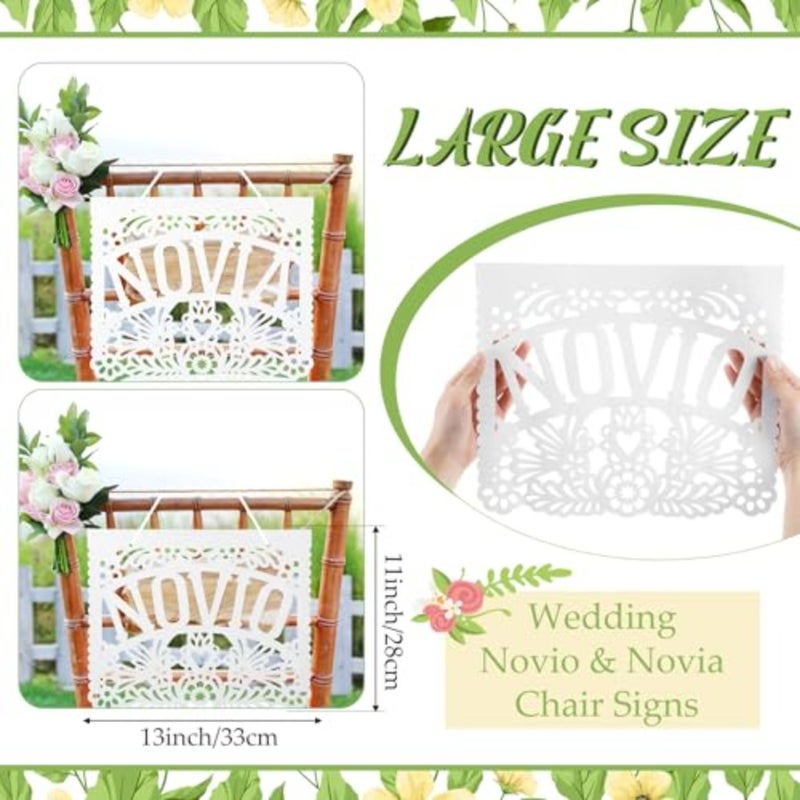 Novio and Novia Mr and Mrs Wedding Chair Signs tions 13 x 11 Inch Mexican Papel Picado Seating Signs Bride and Groom Chair Banners for Wedding Decor - Image 2