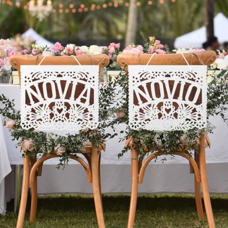 Novio and Novia Mr and Mrs Wedding Chair Signs tions 13 x 11 Inch Mexican Papel Picado Seating Signs Bride and Groom Chair Banners for Wedding Decor - Image 1